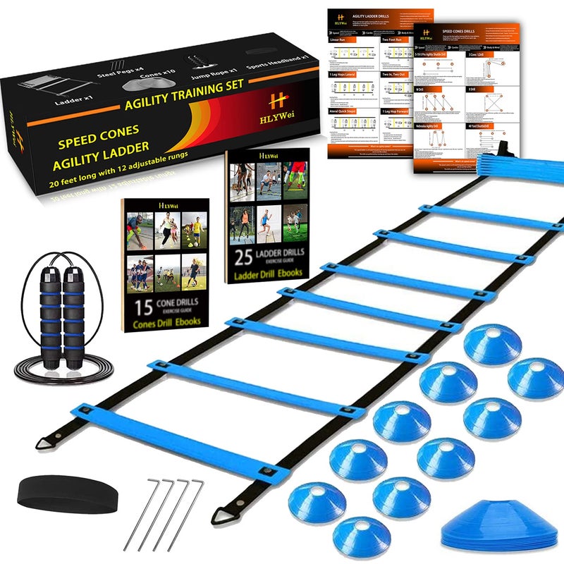 HLYWEI Speed Agility Training Set, Includes 1 Agility Ladder, 4 Steel Stakes, 1 Sports Headband,1 Jump Rope, 10 Disc Cones and Gym Carry Bag - Speed Training Equipment for Soccer Football Basketball (Blue) - Image 1