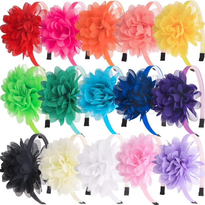 XIMA Headbands for Girls,Chiffon Flower Hairbands with Teeth for Kids Teens Children Hair Accessoies Pack of 15 - Image 1
