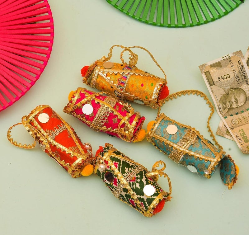 Sanvatsar Traditional Indian Decorative Money Pouch, Embroidered with Gold Lace, Multicolour (6) - Image 2