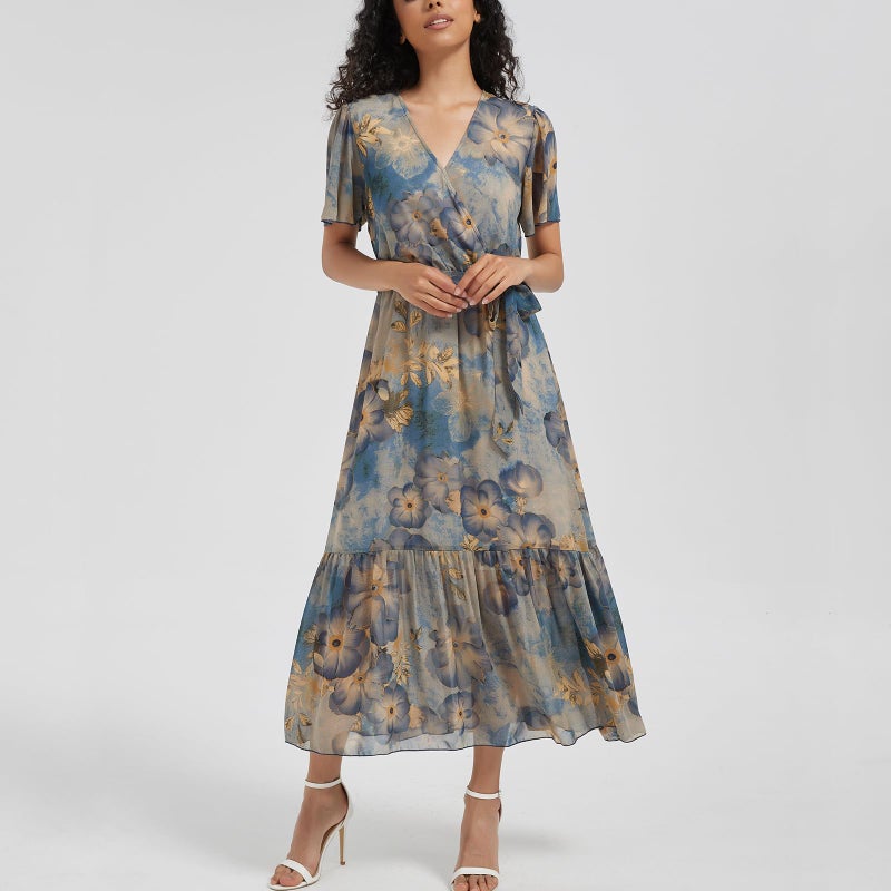 Max Hsuan Women's Summer Bohemian Floral Chiffon Dress Cap Sleeve V Neck Ruffle Long Flowy Boho Casual Vacation Dresses - Image 2