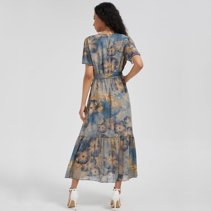 Max Hsuan Women's Summer Bohemian Floral Chiffon Dress Cap Sleeve V Neck Ruffle Long Flowy Boho Casual Vacation Dresses - Image 5