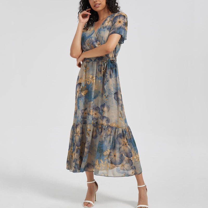 Max Hsuan Women's Summer Bohemian Floral Chiffon Dress Cap Sleeve V Neck Ruffle Long Flowy Boho Casual Vacation Dresses - Image 3
