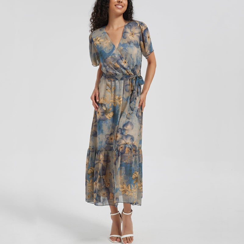 Max Hsuan Women's Summer Bohemian Floral Chiffon Dress Cap Sleeve V Neck Ruffle Long Flowy Boho Casual Vacation Dresses - Image 4