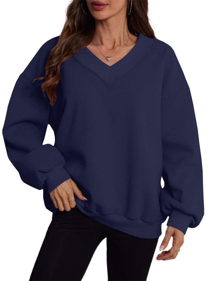 Hilinker Womens V Neck Oversized Sweatshirts Pullover Cute Drop Shoulder Long Sleeve Tops Dark Blue X-Large - Image 2