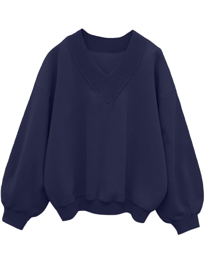 Hilinker Womens V Neck Oversized Sweatshirts Pullover Cute Drop Shoulder Long Sleeve Tops Dark Blue X-Large - Image 1
