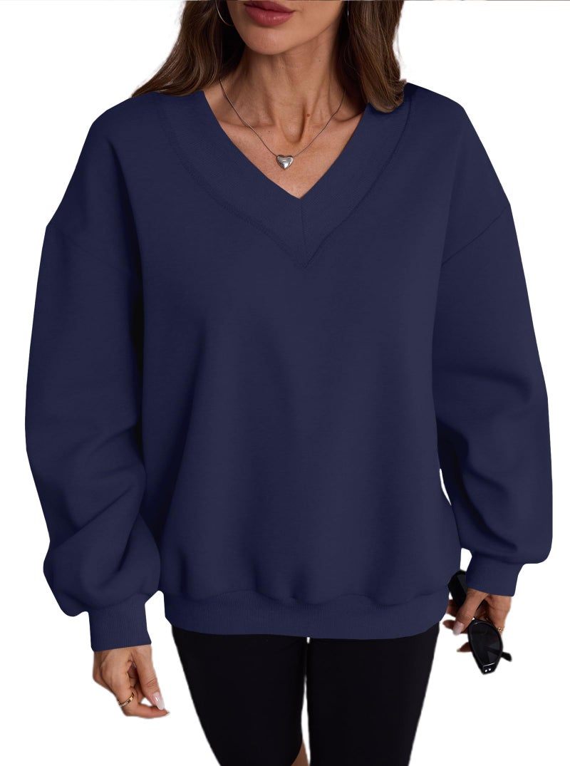 Hilinker Womens V Neck Oversized Sweatshirts Pullover Cute Drop Shoulder Long Sleeve Tops Dark Blue X-Large - Image 5