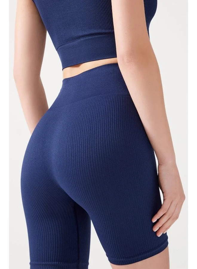 Los Ojos Women's Navy Blue High-Waist Shaping Compression Short Sports Legging Ribbed Biker.