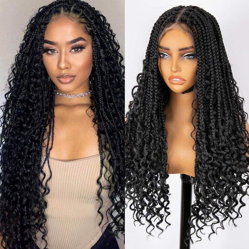 Nnzes Braided Black Wigs for Women 26 Boho Box Braid Lace Front Wigs Blended Full Double Lace Wig with Baby Hair Long Curly Ends Messy Synthetic Wig Heat Resistant Wigs