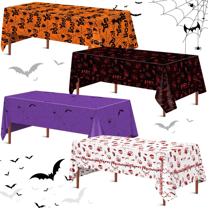 Shellwei 4 Pack Halloween Table Cloths 54 x 108 Plastic Halloween Tablecloth Disposable Creepy Covers Party Decorations for Indoor Outdoor Holiday Banquet Tables