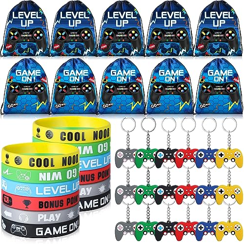Nosiny 72 Pcs Video Game Party Favors Video Gamer Party Drawstring Bags Gaming Goodie Bag Silicone Bracelet Wristbands Keychain Classroom Rewards for Kids Birthday Bag StuffersBlueFresh - Image 1