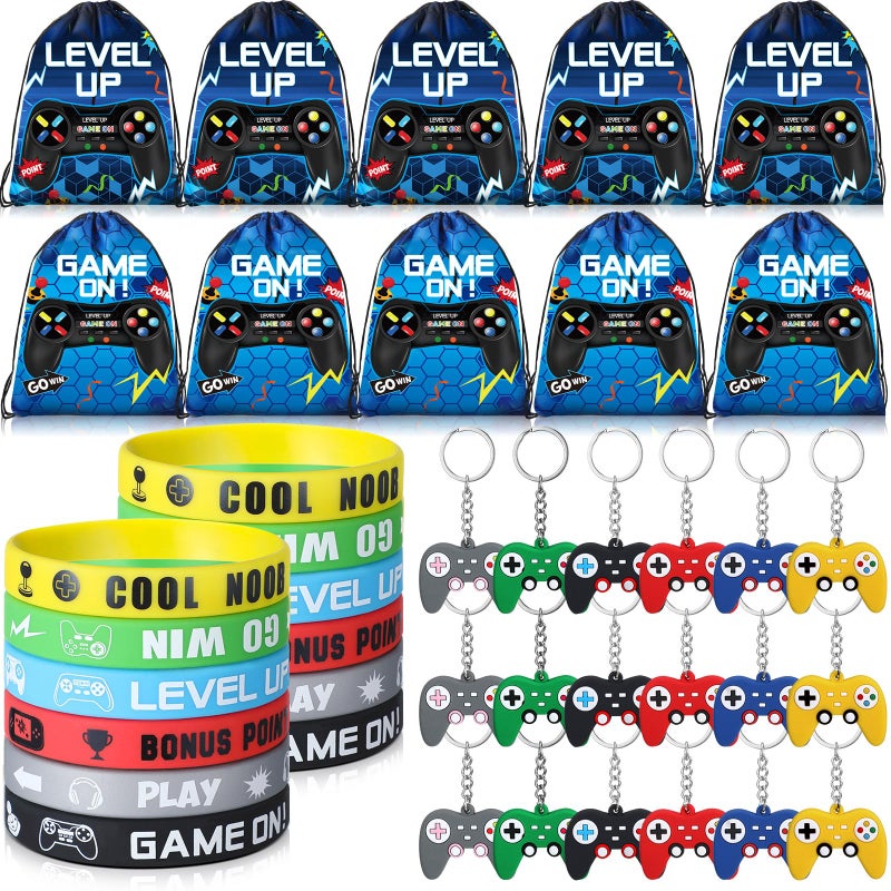Nosiny 72 Pcs Video Game Party Favors Video Gamer Party Drawstring Bags Gaming Goodie Bag Silicone Bracelet Wristbands Keychain Classroom Rewards for Kids Birthday Bag StuffersBlueFresh - Image 3