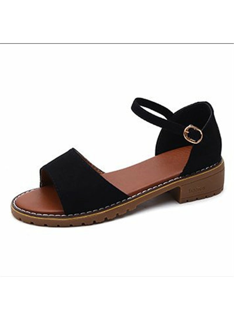 Generic - Korean Style Flat Womens Sandals Summer New Romance Sandals Womens Medium Heel One-Row Buckle Fashionable Versatile Womens Sh Black - Image 1