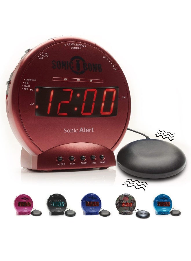 Sonic Alert Sonic Bomb Dual Alarm Clock with Bed Shaker, Red Vibrating Alarm Clock Heavy Sleepers, Battery Backup | Wake with a Shake - Image 1