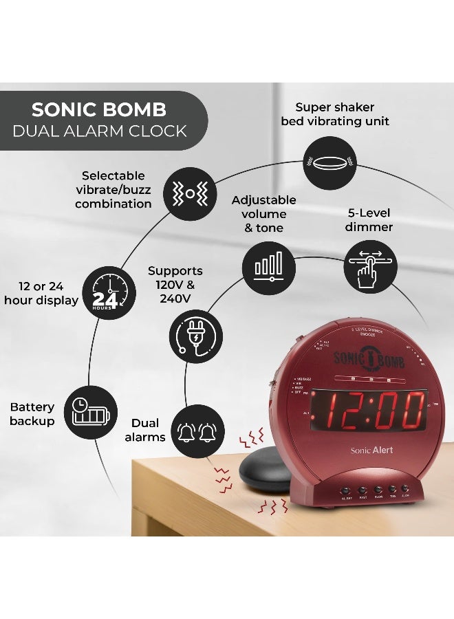 Sonic Alert Sonic Bomb Dual Alarm Clock with Bed Shaker, Red Vibrating Alarm Clock Heavy Sleepers, Battery Backup | Wake with a Shake - Image 4