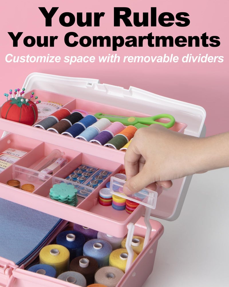 TERGOO 12in 3-Layer Plastic Craft Organizers and Storage, Portable Folding Tackle Box with Handle & Adjustable Dividers, Multipurpose Case for Sewing, Art Supplies, Medicine, Tools (White Pink) - Image 4