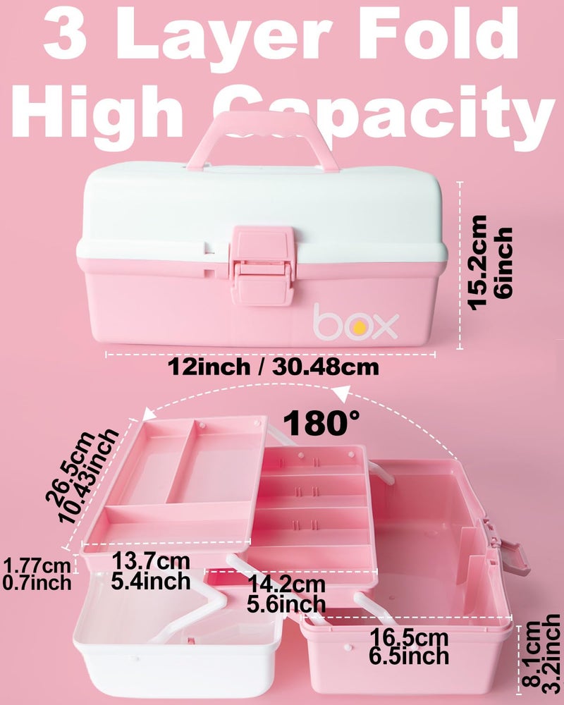 TERGOO 12in 3-Layer Plastic Craft Organizers and Storage, Portable Folding Tackle Box with Handle & Adjustable Dividers, Multipurpose Case for Sewing, Art Supplies, Medicine, Tools (White Pink) - Image 2