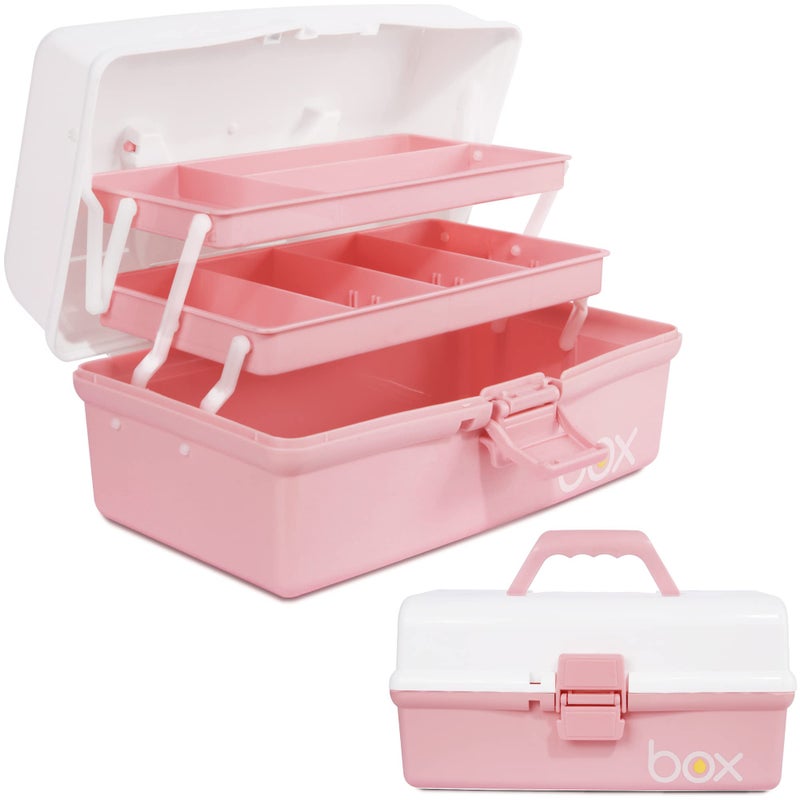 TERGOO 12in 3-Layer Plastic Craft Organizers and Storage, Portable Folding Tackle Box with Handle & Adjustable Dividers, Multipurpose Case for Sewing, Art Supplies, Medicine, Tools (White Pink) - Image 1