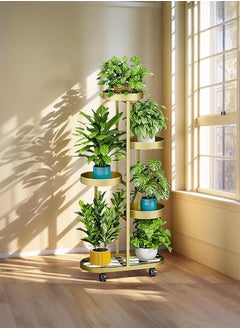 LEDIN Plant Stand 360° Rotating Plant Stand, 120 cm Height, 5-Tier Balcony Flower Stand, Round Metal Plant Stand with 4 Wheels (Gold)  - Image 1