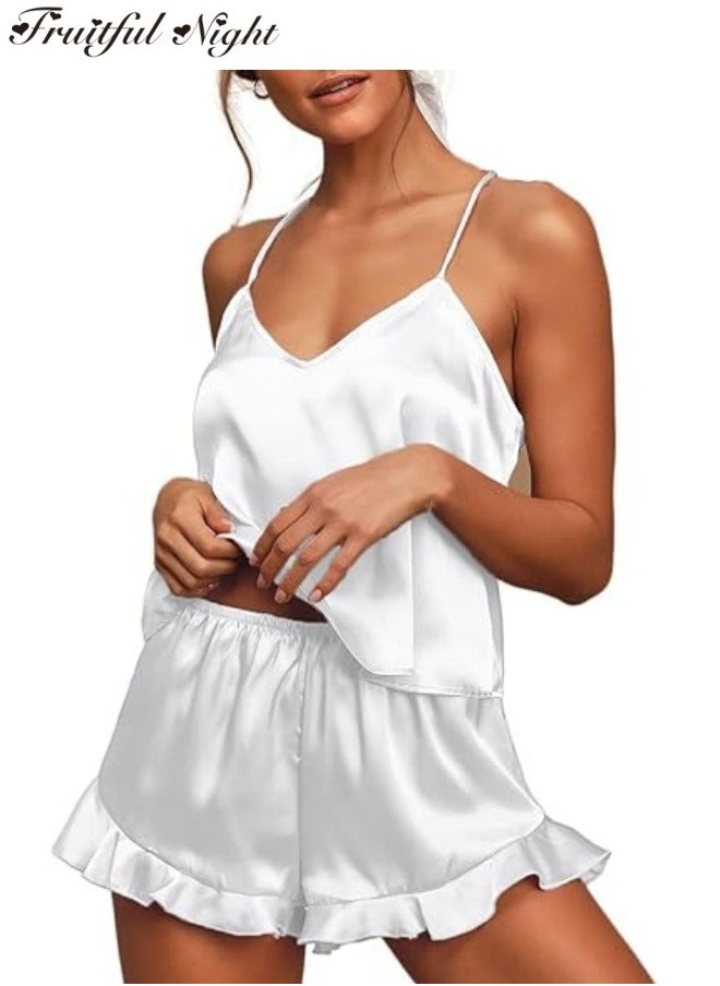 Fruitful Night - Women's Silk Satin Ruffled Pajamas Sets Cami Shorts Sets Sleepwear - Image 1