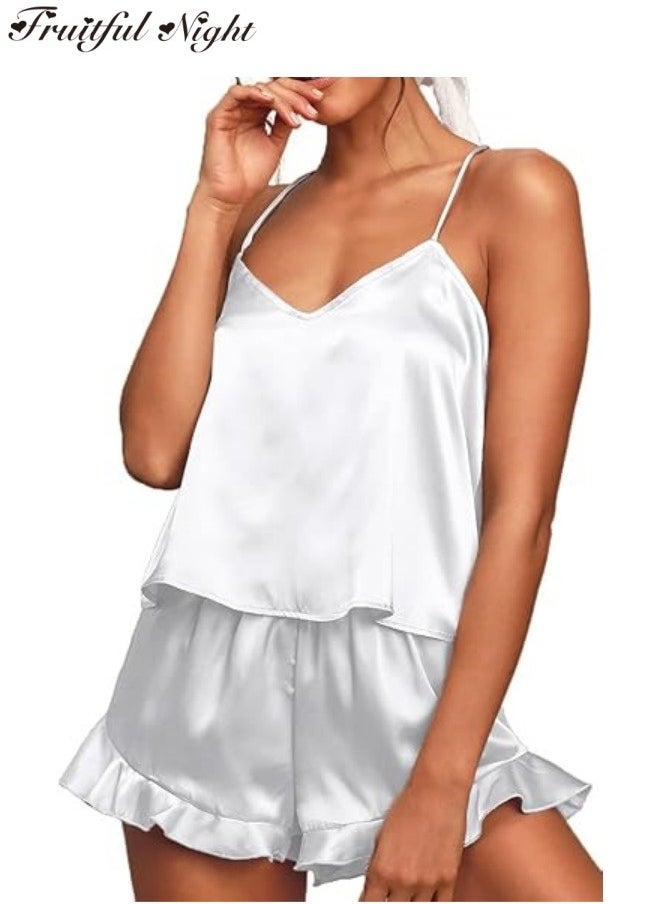 Fruitful Night - Women's Silk Satin Ruffled Pajamas Sets Cami Shorts Sets Sleepwear - Image 1