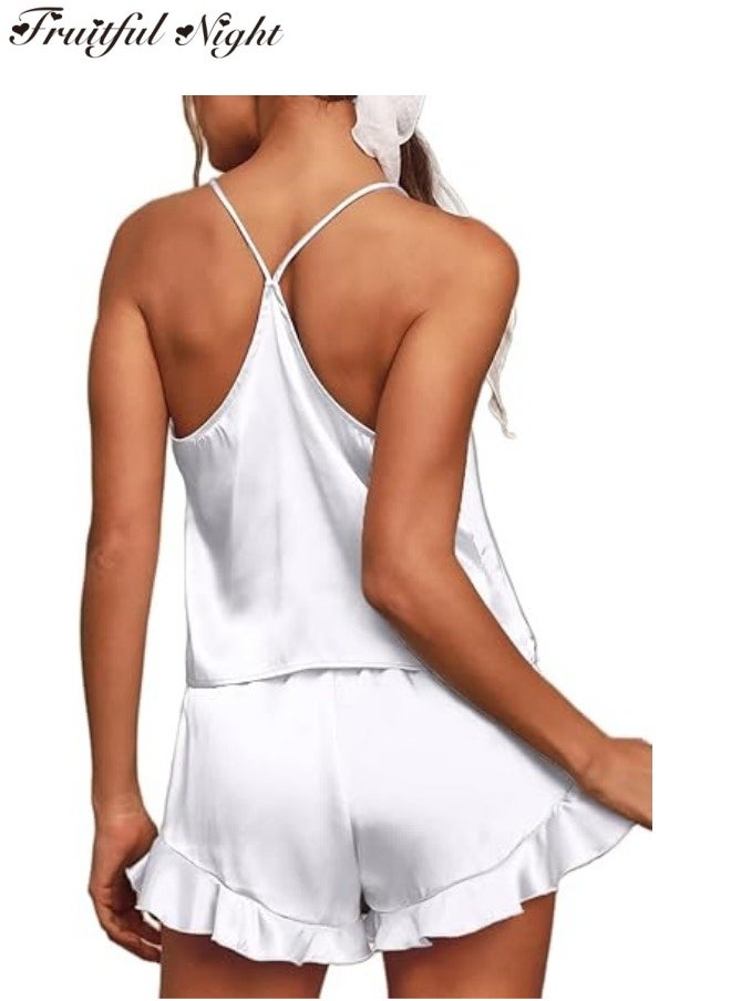 Fruitful Night - Women's Silk Satin Ruffled Pajamas Sets Cami Shorts Sets Sleepwear - Image 1
