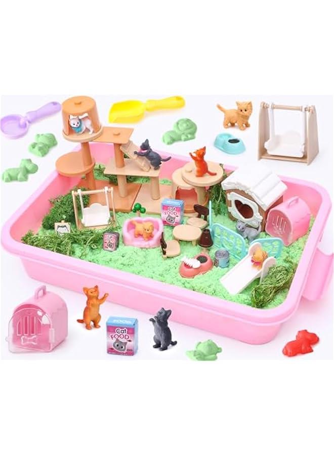 Cat Sandbox Toys Kids Play Sand Kit Toddler Sensory Bin Toy 2.2lbs Sand Pet Cat Figures Care Role Pretend Play Beach Toy Birthday Gift for Girls Boys 3 4 5 6 7 8 Years Old - Image 1
