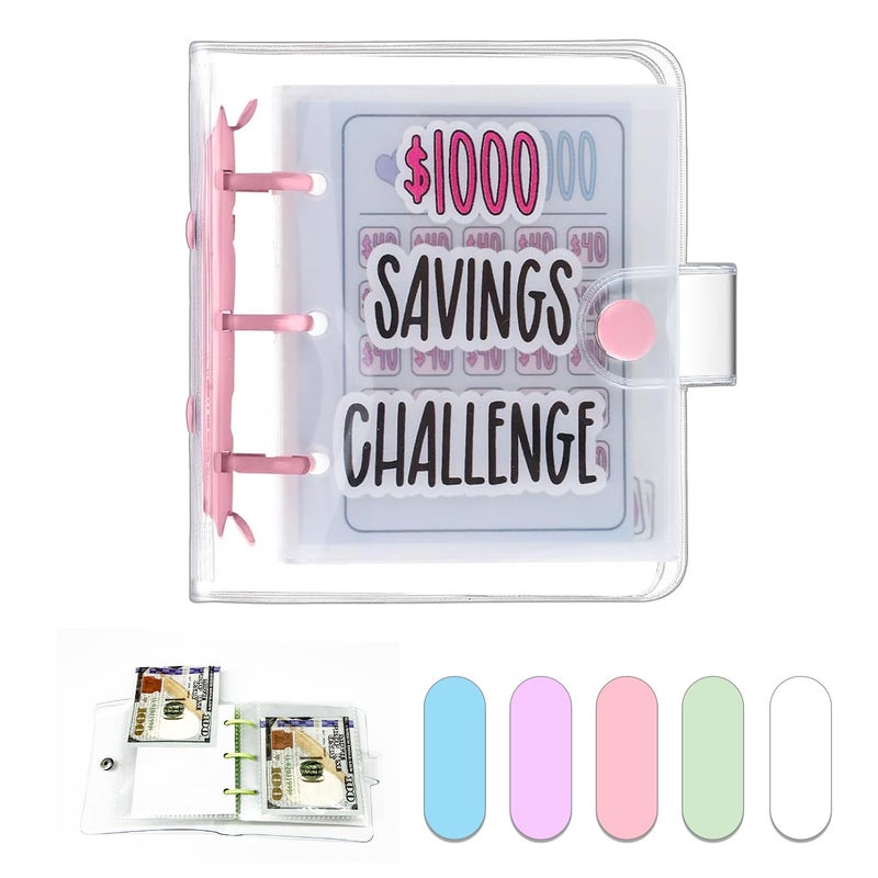 Dreamplay Mini Money Saving Binder, $1000 Money Saving Challenge Book Budget Binder with Envelopes Portable Deposit Anytime Anywhere (Pink) - Image 1