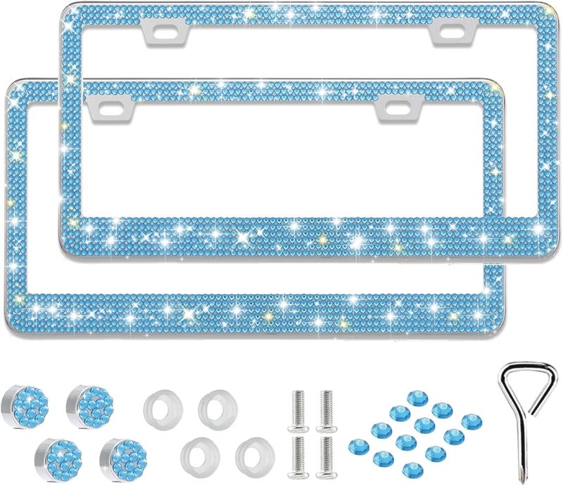 2 Pack Bling License Plate Frame for Women,Sparkly Rhinestone Stainless Steel License Plate Holder,Car Accessories with Glitter Crystal Caps (Aquamarine)