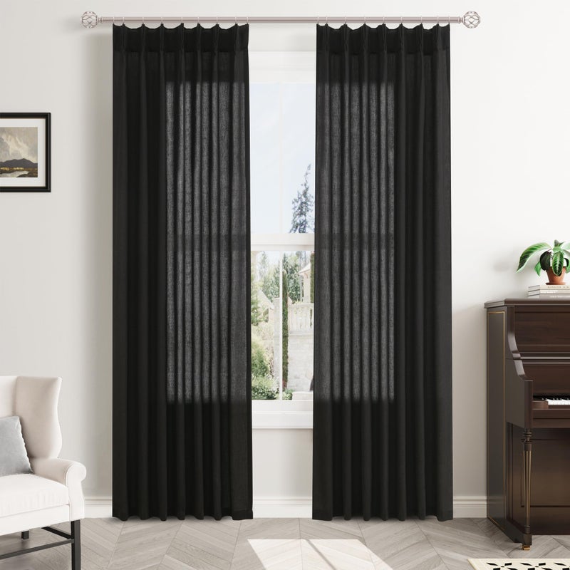 Aersas Black Pinch Pleated Semi Sheer Curtains 108 Inches Long for Living Room 2 Panels Set Linen Pleat Drapes Back Tab Farmhouse Modern Ceiling to Floor 108 Inch Curtains for Bedroom Window 9 FT - Image 1