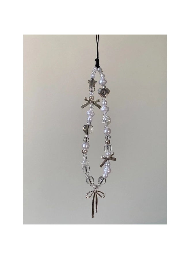 NIBEMINENT Beaded Phone Lanyard, Anti Lost Removable Wrist Strap, Silver Butterfly Bracelet Pendant, Phone Keychain Lanyard