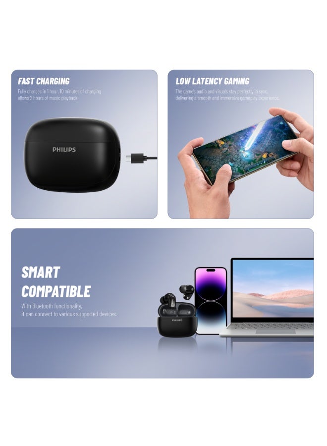 Philips Earbuds, Bluetooth Earbuds, BT Headphone, Open Ear Ring True Open Ear Headphones, True Wireless Earbuds - Bluetooth ， In-Ear Headphones 5.4 Headphones with -32dB ANC, AI Call Noise Reduction, 0.06s Low Latency Gaming, Hi-Fi Spatial Audio for iPhone Android Black - Image 4