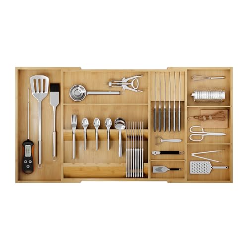 Landmok Bamboo Silverware Drawer Organizer 17722953 Inch Expandable Large Kitchen Drawer Organizer 58 Slot Flatware with Removable Card Slots Knife Block for Spoon Butter Knive Natural - Image 1
