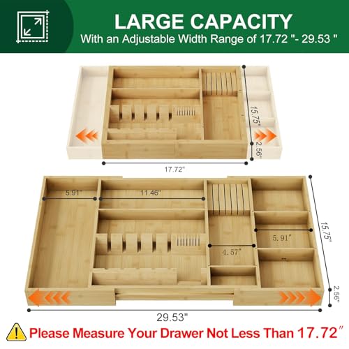 Landmok Bamboo Silverware Drawer Organizer 17722953 Inch Expandable Large Kitchen Drawer Organizer 58 Slot Flatware with Removable Card Slots Knife Block for Spoon Butter Knive Natural - Image 3