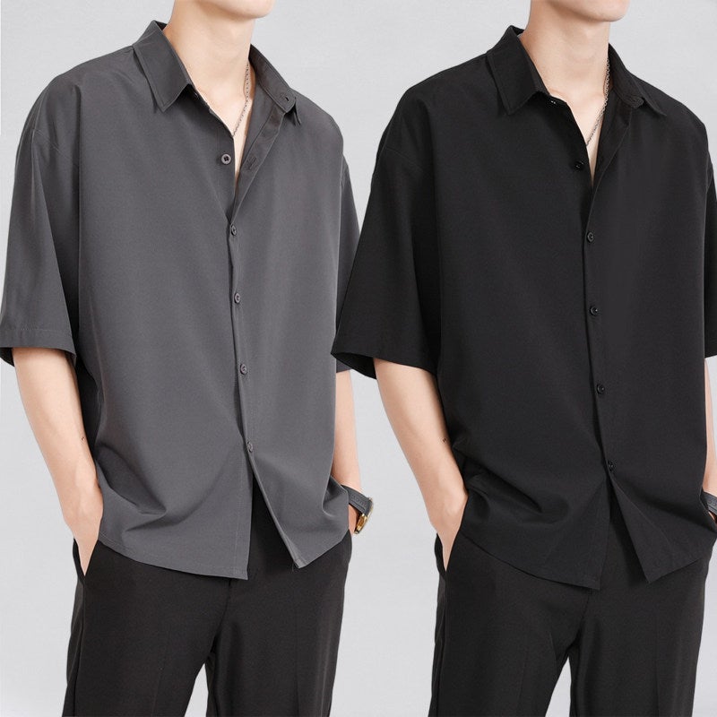 Ice silk shirt men's short-sleeved summer fashion brand men's casual jacket high-end sense of rogue handsome five-point sleeve black shirt - Image 3