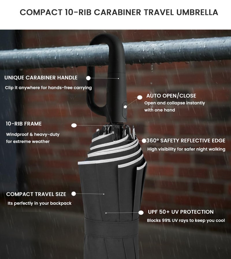 SIEPASA Travel Umbrella with Carabiner Handle - Windproof 10 Ribs Auto Open/Close for Rain & Sun Protection, Compact Portable Clip-on Backpack Design with Safety Reflective Strip.(Black) - Image 2
