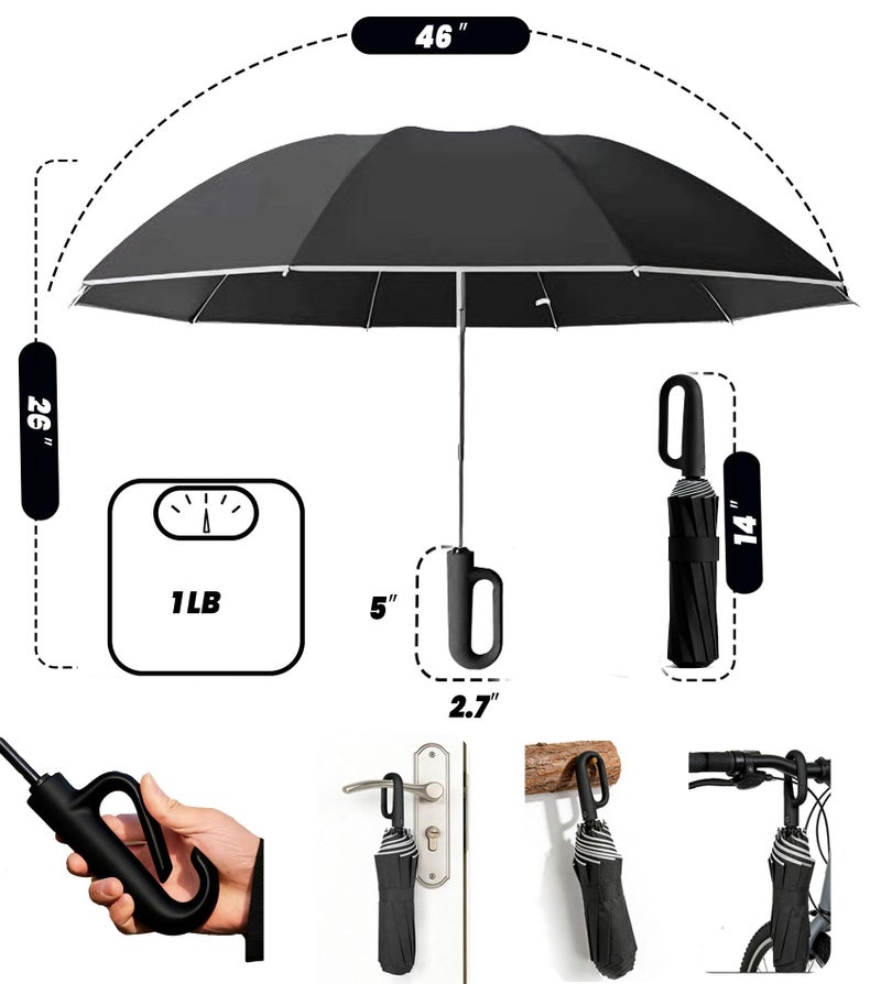 SIEPASA Travel Umbrella with Carabiner Handle - Windproof 10 Ribs Auto Open/Close for Rain & Sun Protection, Compact Portable Clip-on Backpack Design with Safety Reflective Strip.(Black) - Image 5