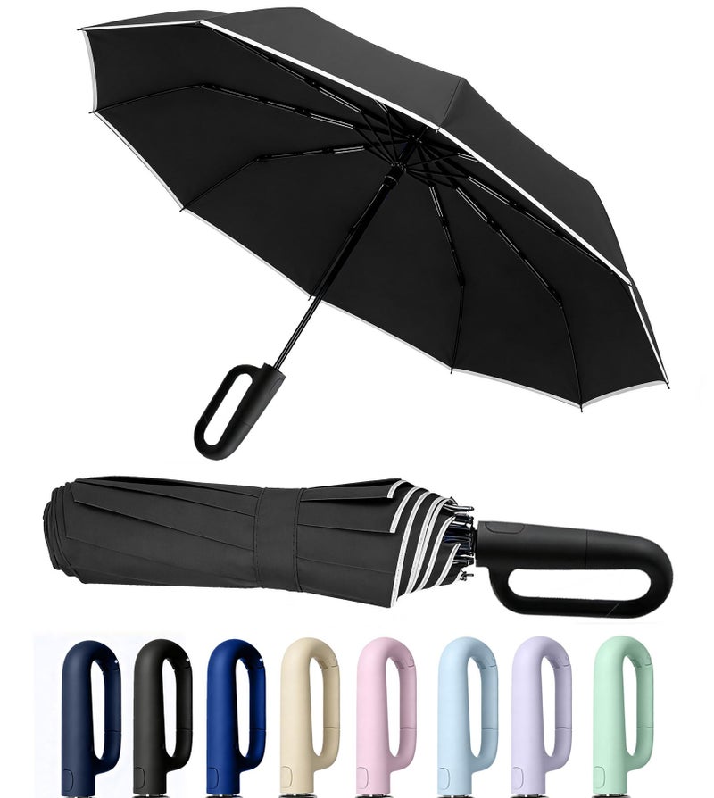 SIEPASA Travel Umbrella with Carabiner Handle - Windproof 10 Ribs Auto Open/Close for Rain & Sun Protection, Compact Portable Clip-on Backpack Design with Safety Reflective Strip.(Black) - Image 1