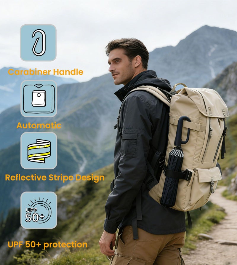 SIEPASA Travel Umbrella with Carabiner Handle - Windproof 10 Ribs Auto Open/Close for Rain & Sun Protection, Compact Portable Clip-on Backpack Design with Safety Reflective Strip.(Black) - Image 3