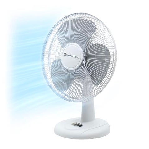 Comfort Zone 12 inch Table Fan with Adjustable Tilt Wide Area Oscillation Quiet Air Circulator Fan For Bedroom 3 Speed Desktop Fan for Home Office Push Button Controls White