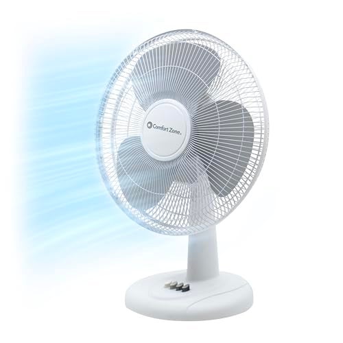 Comfort Zone Comfort Zone 12 inch Table Fan with Adjustable Tilt Wide Area Oscillation Quiet Air Circulator Fan For Bedroom 3 Speed Desktop Fan for Home Office Push Button Controls White 