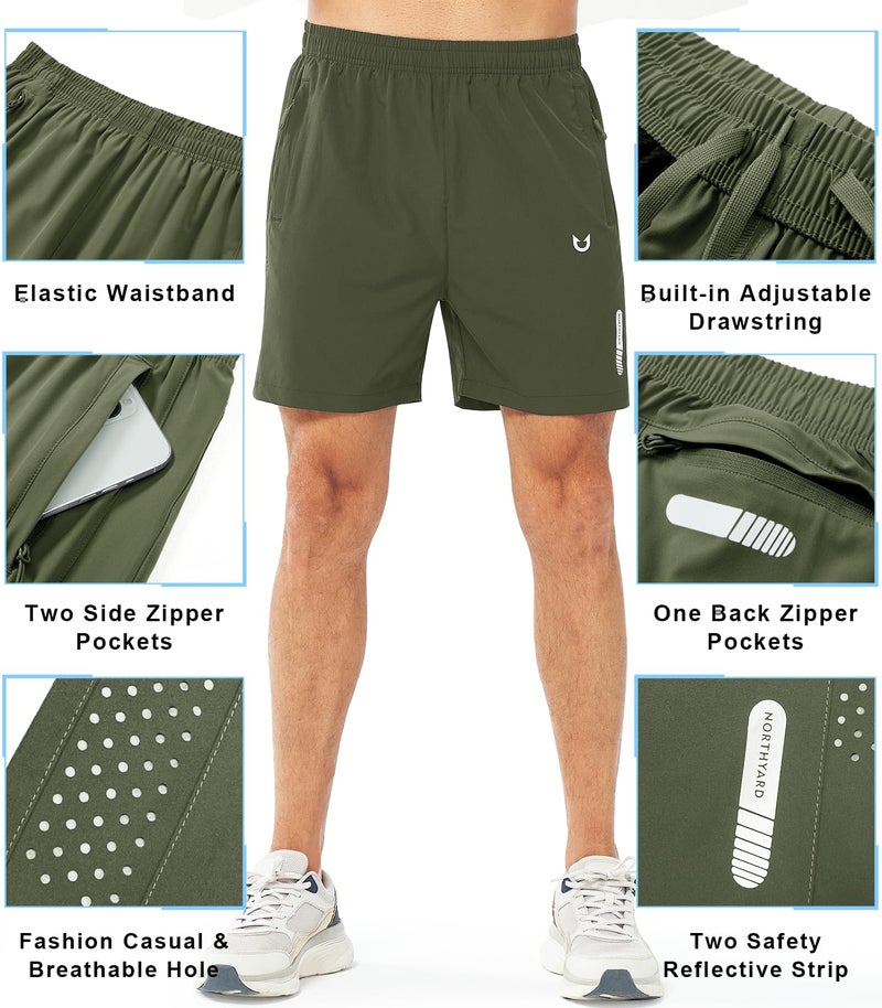 NORTHYARD Men's Athletic Running Shorts Quick Dry Workout Shorts 7"/ 5"/ 9" Lightweight Sports Gym Basketball Shorts Hiking Exercise ARMYGREEN-5inch L - Image 3