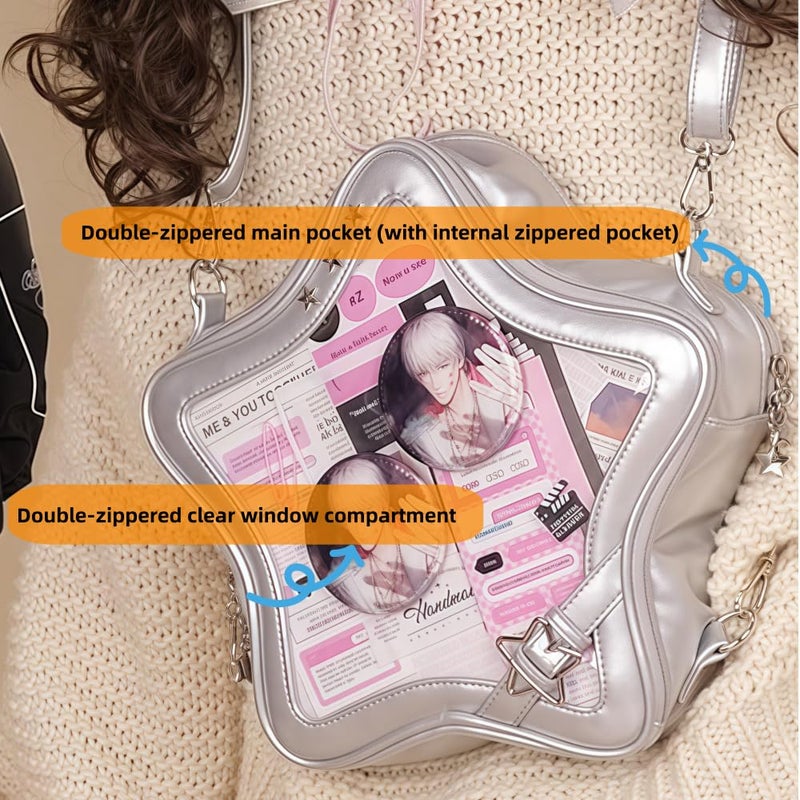 Vobomo Kawaii Ita Bag Backpack Star Pins Display Crossbody Bag with Insert Y2k Aesthetic Cute Handbag for Anime Comic Con (Silver) - Image 4