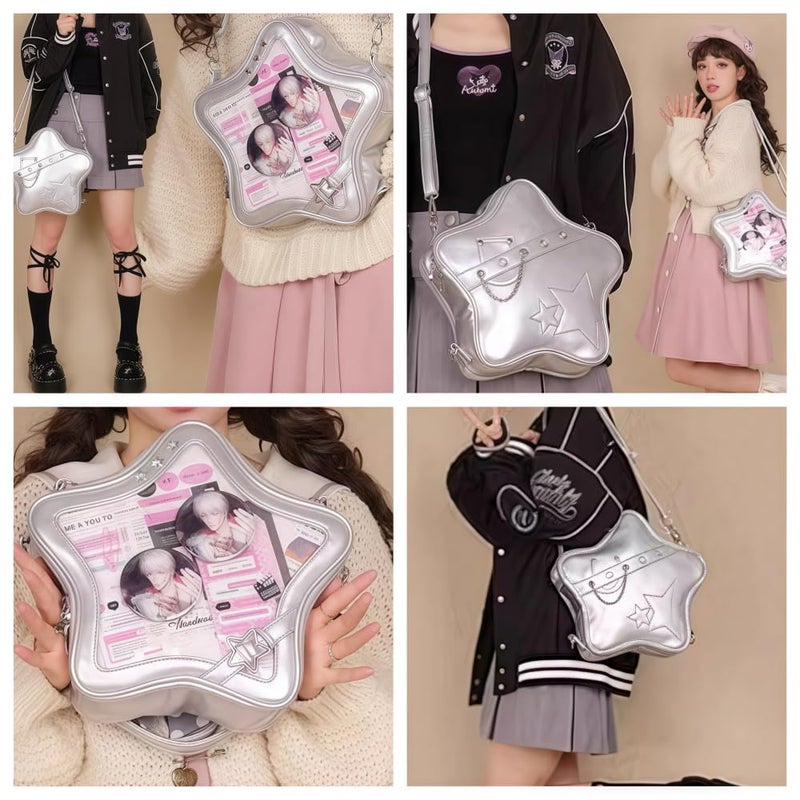 Vobomo Kawaii Ita Bag Backpack Star Pins Display Crossbody Bag with Insert Y2k Aesthetic Cute Handbag for Anime Comic Con (Silver) - Image 2