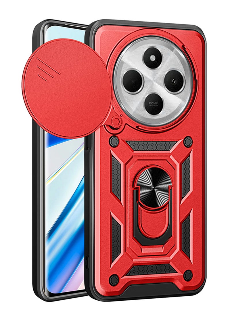 حافظة ل Xiaomi Redmi 14C 4G / Poco C75 مع غطاء كاميرا منزلق، مسند، PC+TPU ثنائي الطبقةRed - Image 1