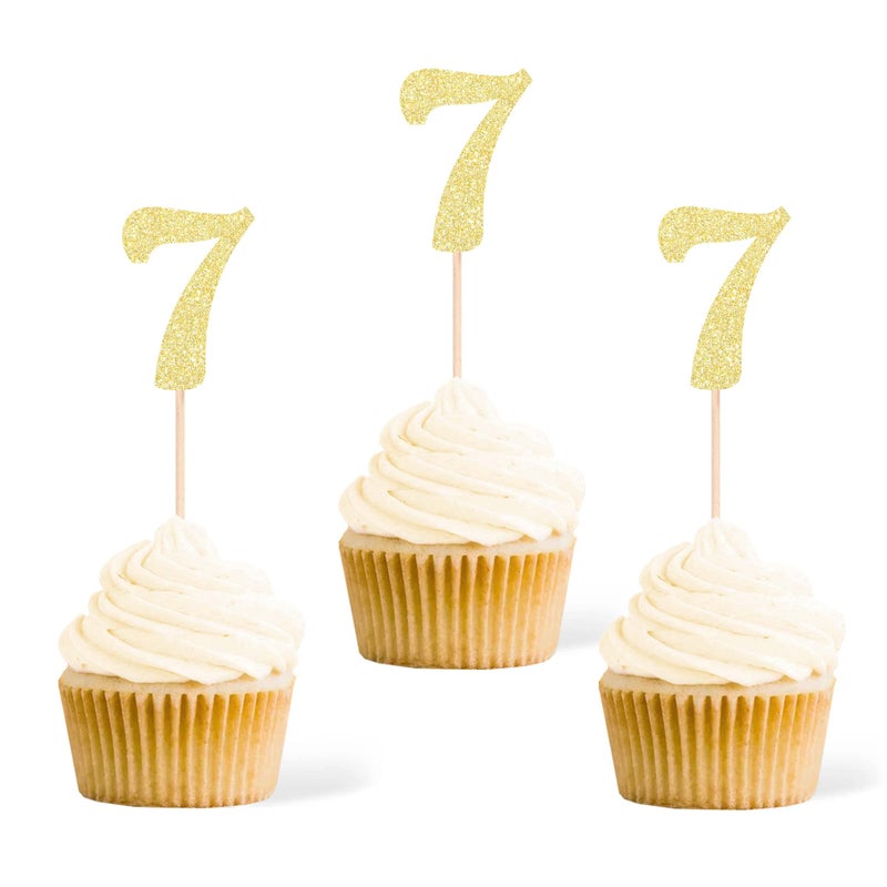 Gexolenu 24 PCS Gold Double-sided 7th Birthday Cupcake Toppers  Glitter Age SEVEN Cake Picks Decor  Seventh Happy Birthday Party Decorations Baby Shower Anniversary Party Supplies - Image 1