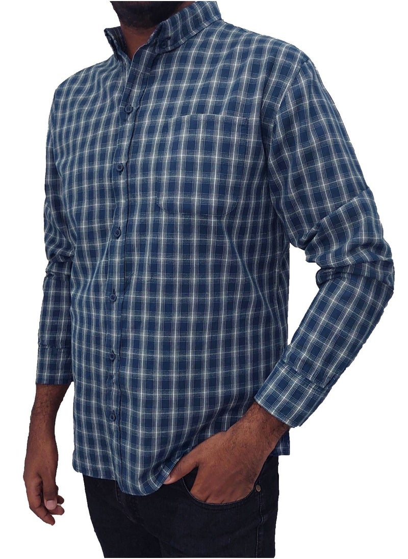 TOPAZ - Navy blue cotton check shirt with front pocket from Topaz - Image 1