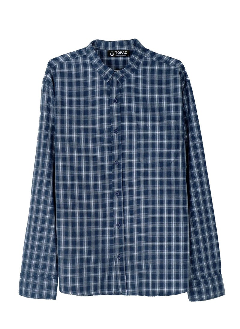 TOPAZ - Navy blue cotton check shirt with front pocket from Topaz - Image 1