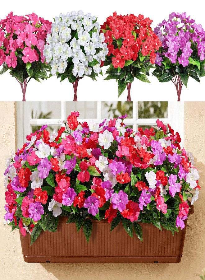 Alupssuc 8 Bundles Artificial Impatiens Flowers Faux Silk Plant for Indoor Outdoor Decor, UV Resistant No Fade Fake Spring Flowers for Porch, Yard, Patio, Window Box Decoration,RedWhitePurpleRosy - Image 1