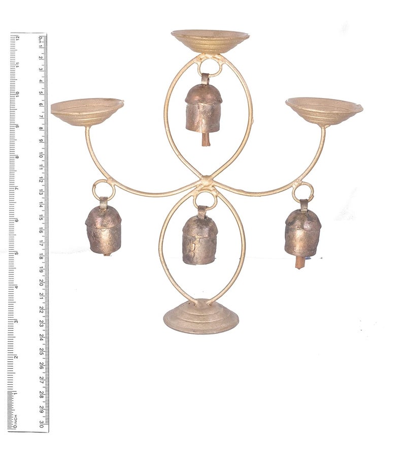 Ethnics of Kutch Ethnics of Kutch Hand Made Metal Bells Wrought Iron CopperZinc Coated Home Dcor Chimes Cow Bell Diva Stand 4 Bell 21 cms Length Colour Copper BEL0034 - Image 5