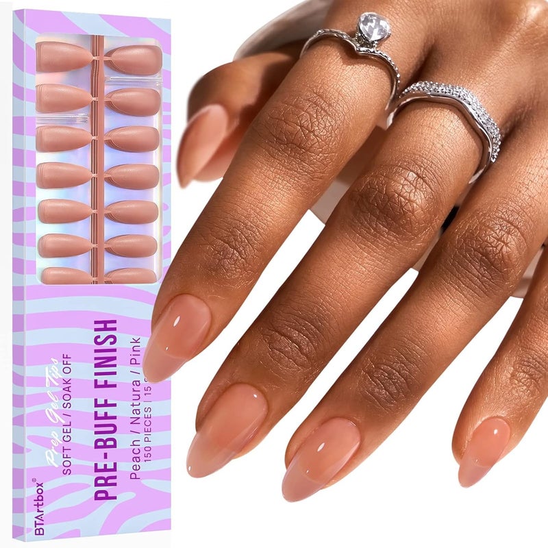 BTArtbox Press On Nails Medium - Soft Gel Nail Tips Almond XCOATTIPS Natural with Base Color, Stronger Adhesion, Pre-shaped Ultra Fit Fake Nails for Short Nail Extensions - Image 1